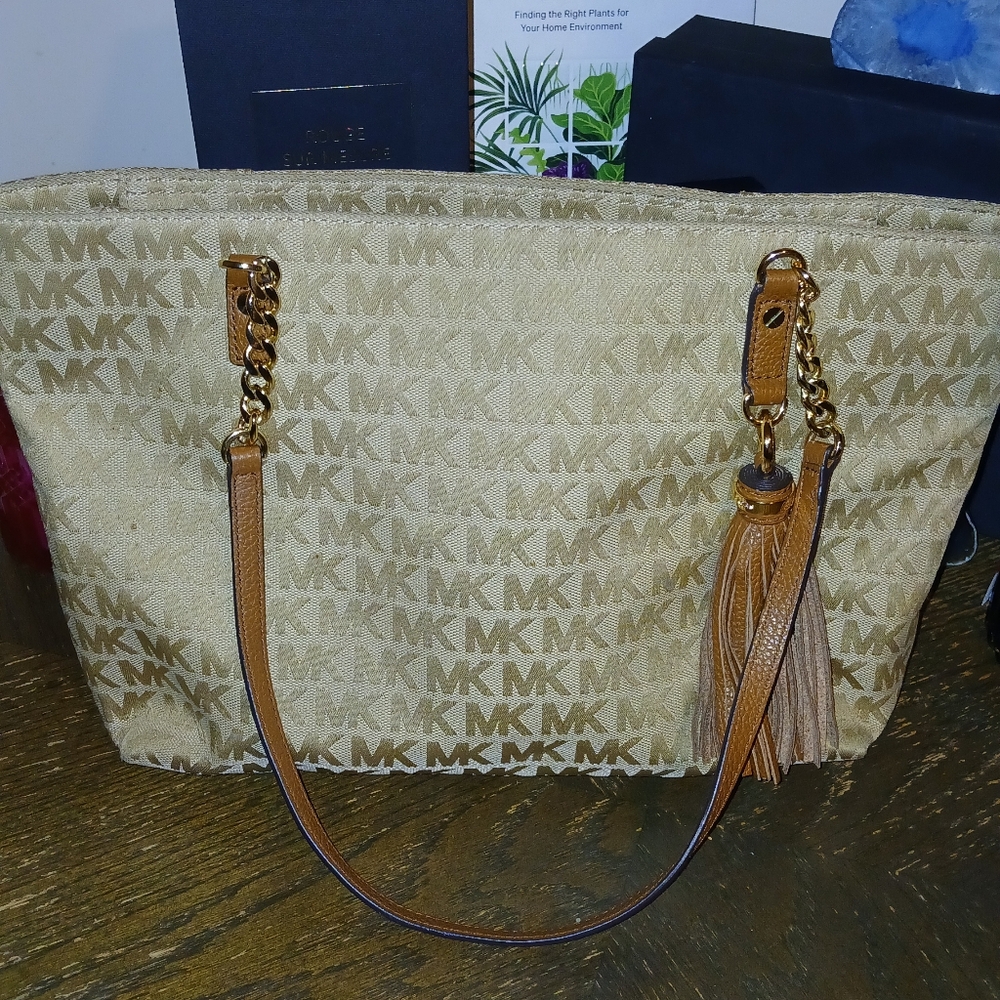 Michael Kors Tan Tote Bag with Chain Link Handles With Key Chain